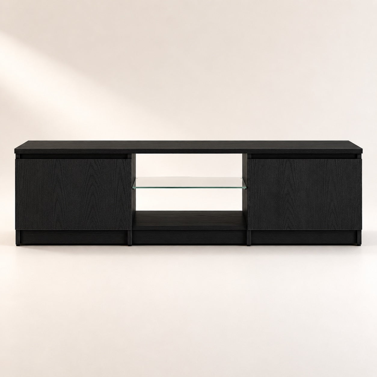 Meuble tv avec rangement noir moderne et niche centrale en verre trempé
