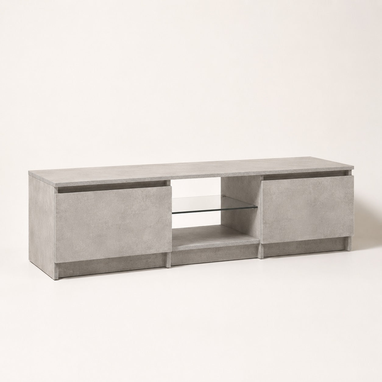 Meuble tv moderne effet pierre avec rangement fermé et étagère en verre design