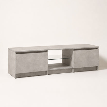 Meuble tv moderne effet pierre avec rangement fermé et étagère en verre design