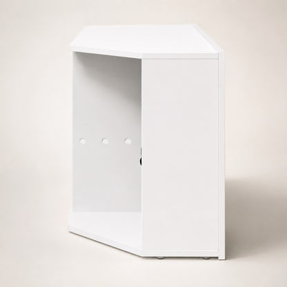 Profil du meuble TV d'angle blanc compact, idéal pour optimiser l'espace dans le salon.