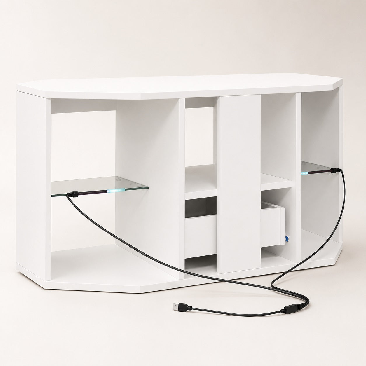 Arrière du meuble TV d'angle avec LED, gestion discrète des câbles et accès multimédia pratique.