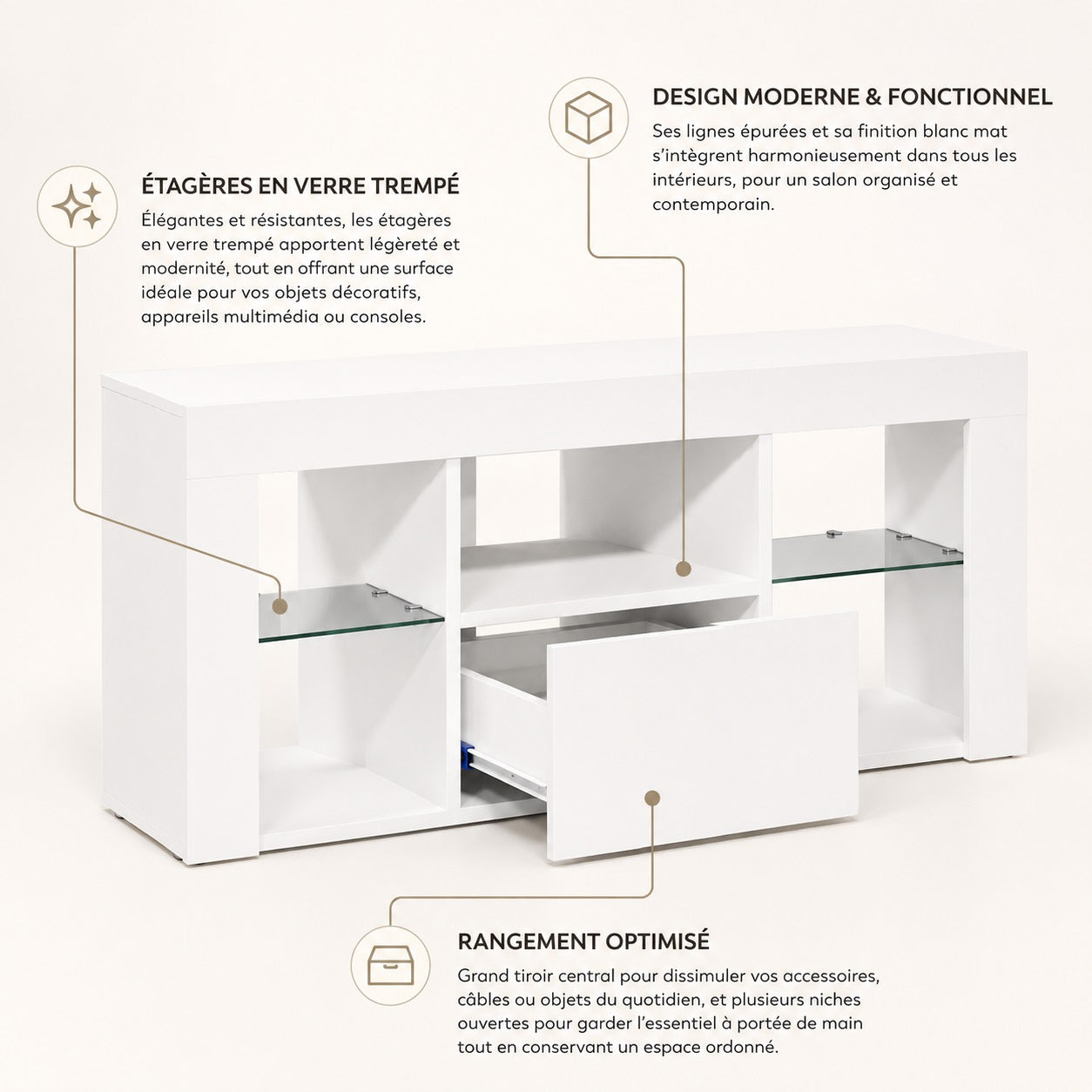 Meuble TV d'angle avec LED, étagères en verre trempé et tiroir central pour rangement optimisé.