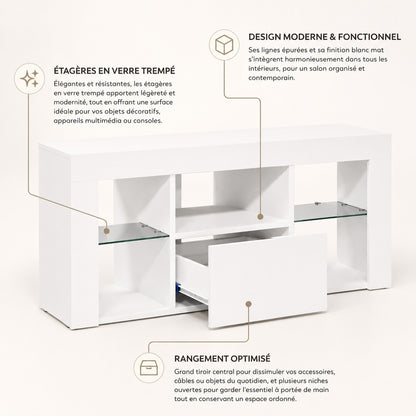 Meuble TV d'angle avec LED, étagères en verre trempé et tiroir central pour rangement optimisé.