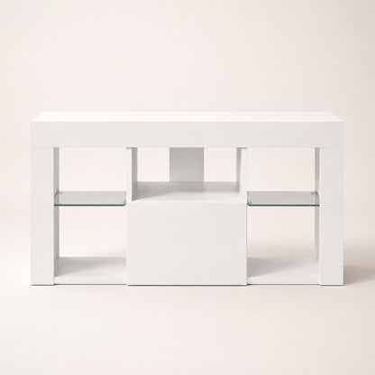 Vue de face du meuble TV d'angle avec LED, design moderne blanc et espaces de rangement ouverts.