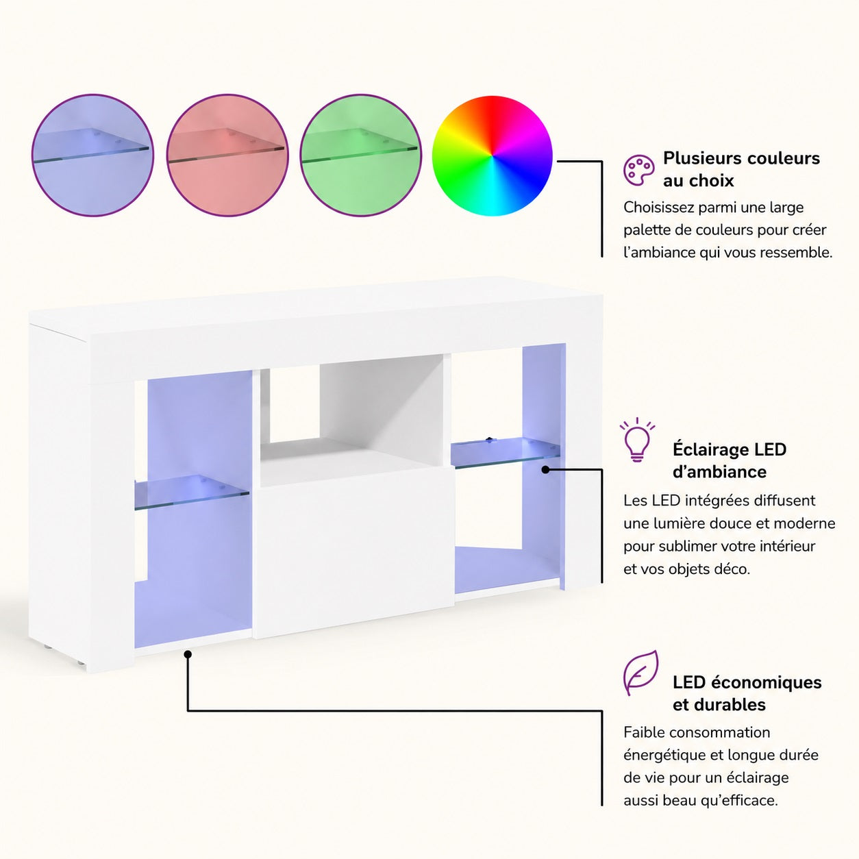 Meuble TV d'angle avec LED multicolores, éclairage personnalisable et étagères en verre modernes.