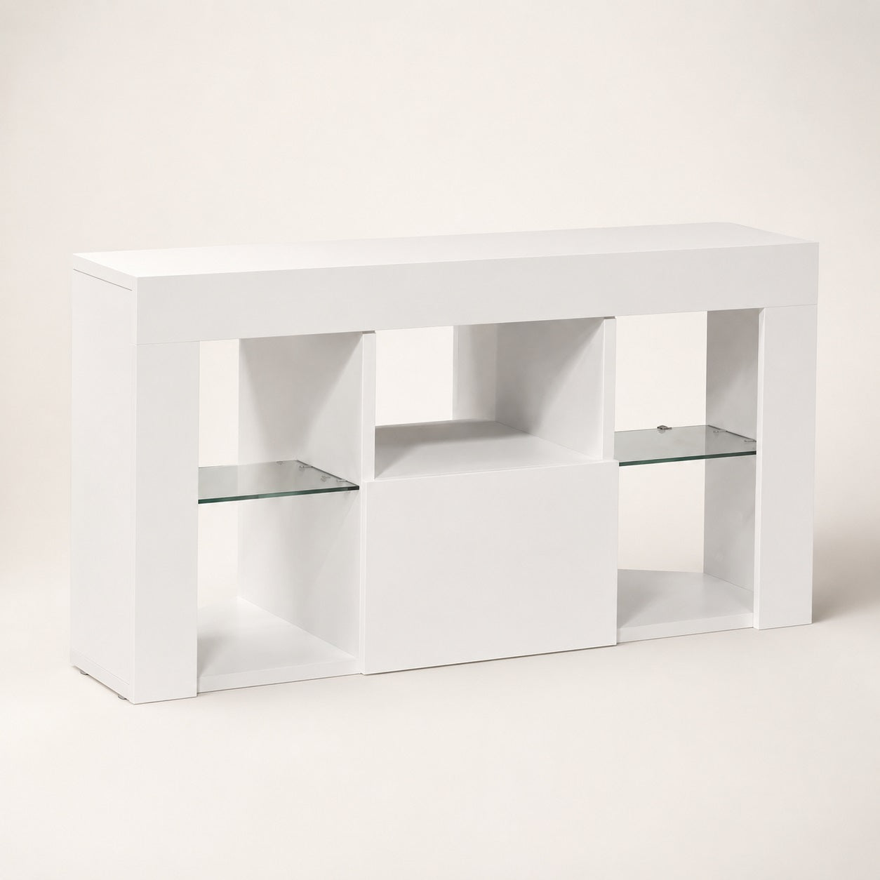 Meuble TV d'angle blanc moderne avec LED intégrées, étagères en verre et grand tiroir de rangement.