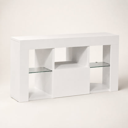 Meuble TV d'angle blanc moderne avec LED intégrées, étagères en verre et grand tiroir de rangement.