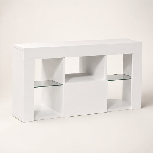 Meuble TV d'angle blanc moderne avec LED intégrées, étagères en verre et grand tiroir de rangement.