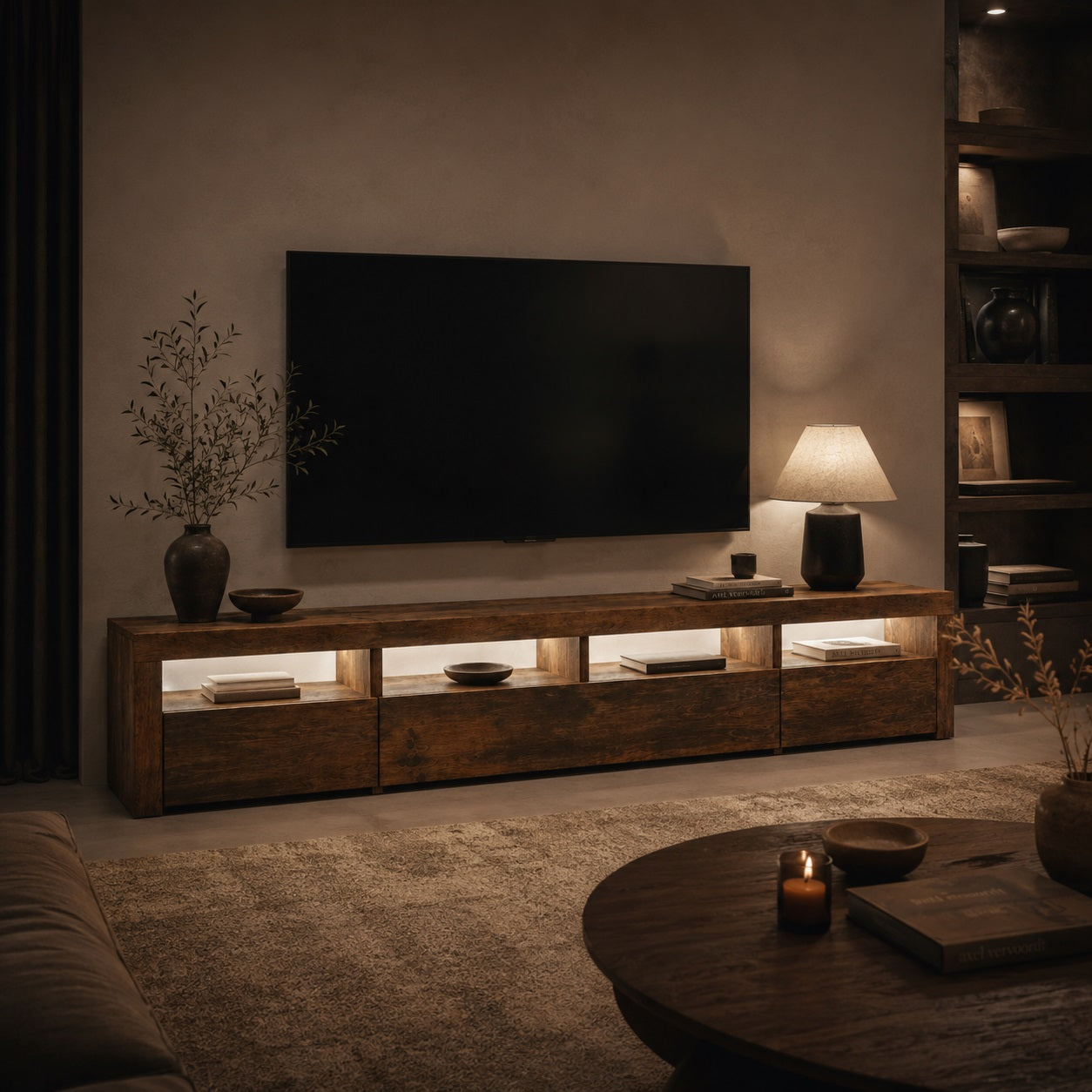Meuble TV avec LED en bois foncé dans salon moderne, ambiance chaleureuse