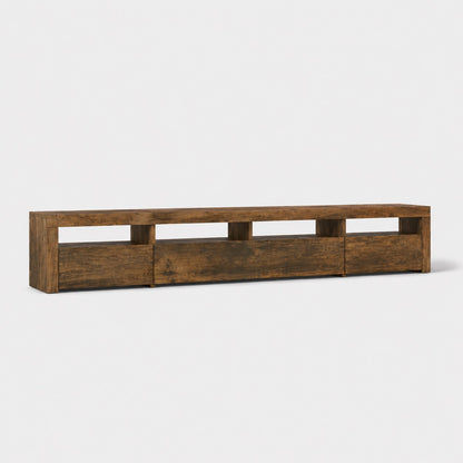 Meuble TV bois foncé avec LED intégrée, design moderne et rangement minimaliste