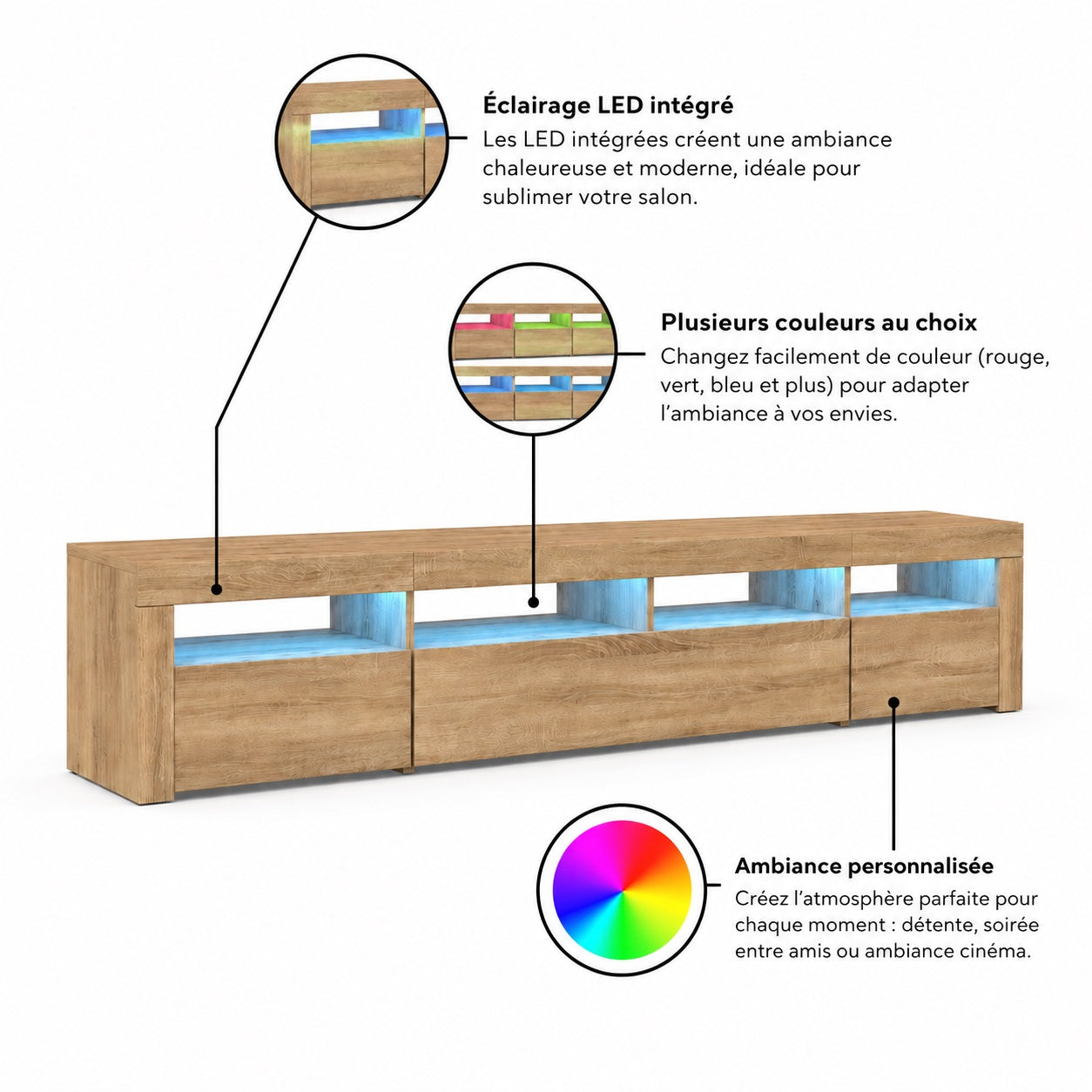 Meuble TV bois avec LED RGB intégrée, design moderne effet chêne et éclairage personnalisable