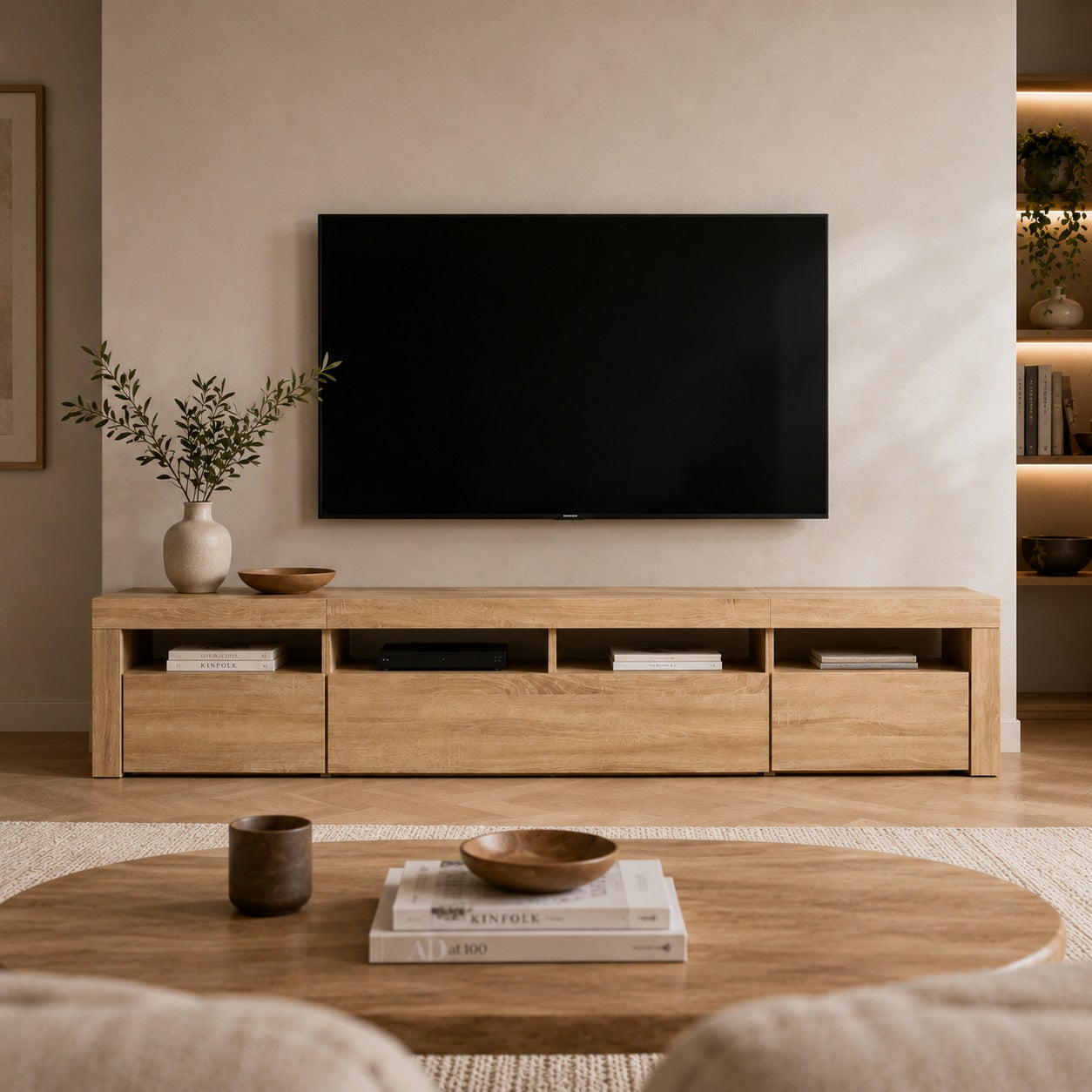 Meuble TV bois clair avec LED, design minimaliste pour salon moderne
