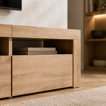 Détail meuble TV bois clair avec LED et niche ouverte style contemporain