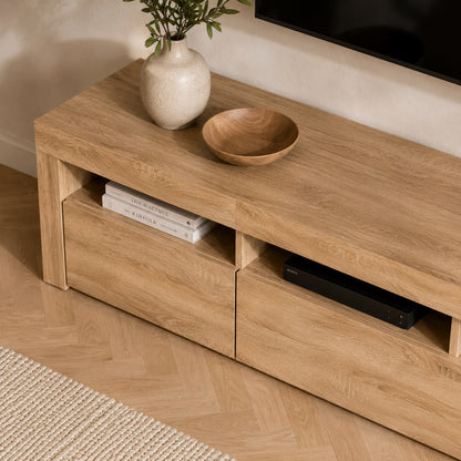 Vue dessus meuble TV bois clair avec LED et rangements design modernes