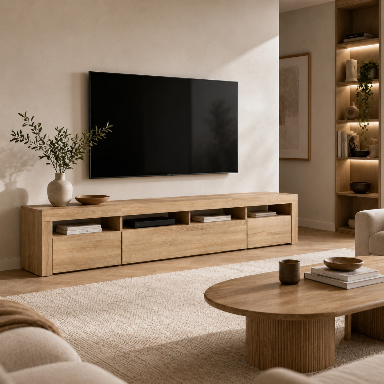 Meuble TV avec LED en bois clair dans salon contemporain et chaleureux