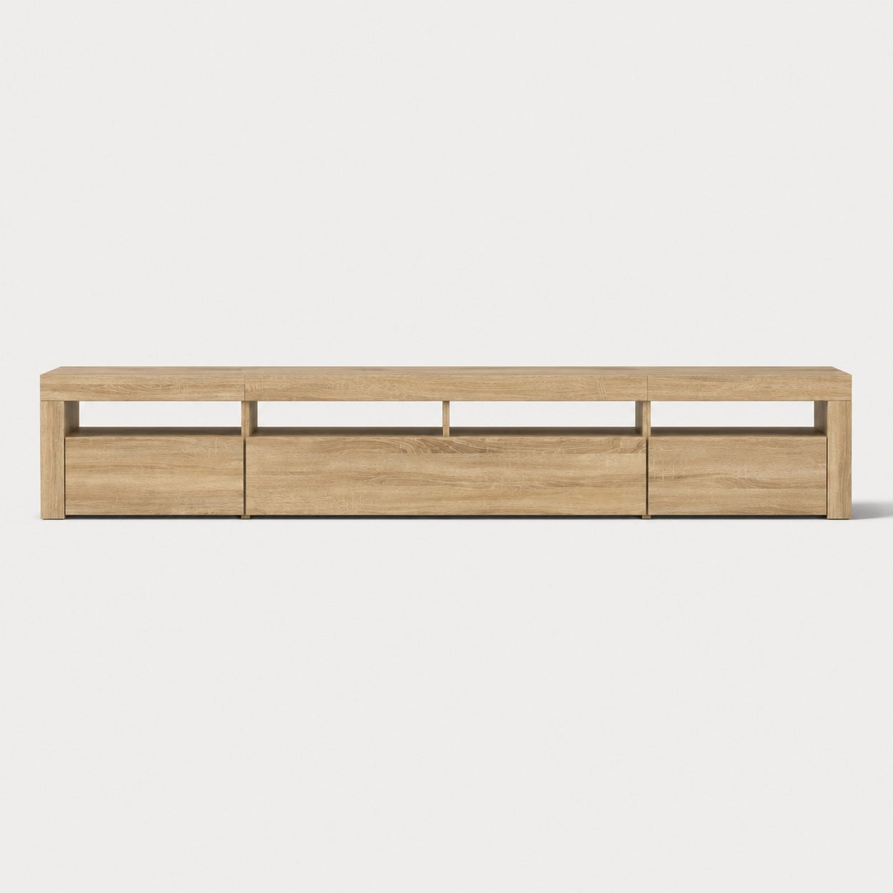 Meuble TV bois clair avec LED intégrée, style épuré et contemporain