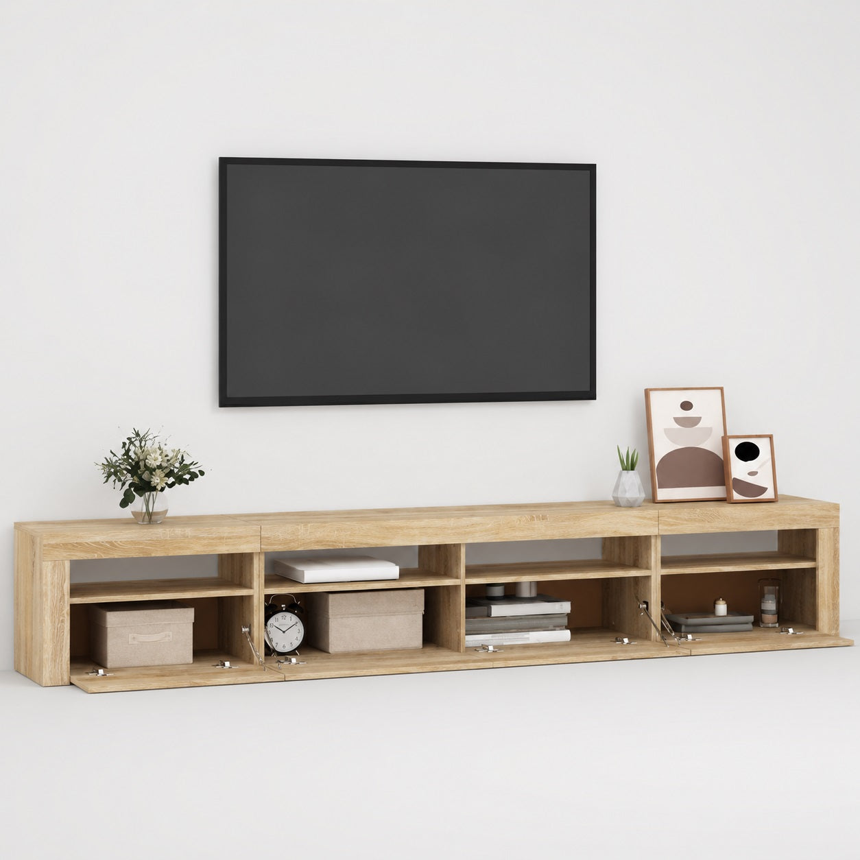 Meuble TV bois avec LED et rangements ouverts, style moderne pour salon contemporain