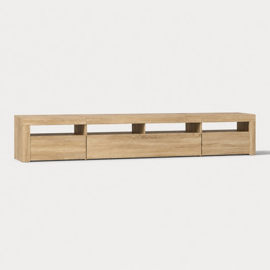 Meuble TV bois clair avec LED intégrée, style moderne et rangements spacieux