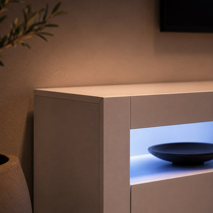 Détail meuble tv blanc moderne avec finition mate et éclairage LED intégré premium