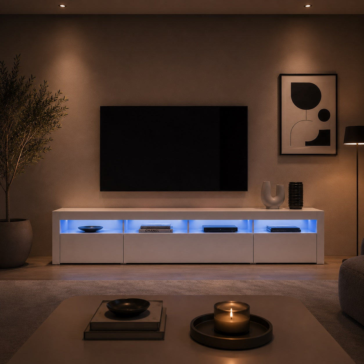 Meuble tv blanc LED design moderne pour salon contemporain avec rangement spacieux