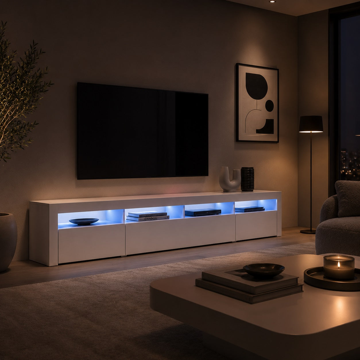 Meuble tv blanc LED moderne dans salon design avec ambiance chaleureuse et élégante