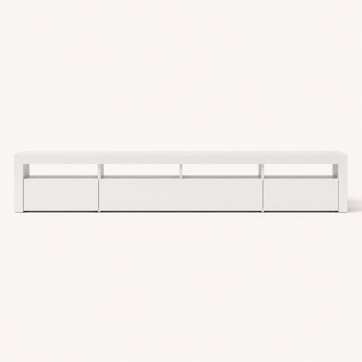 Meuble tv blanc minimaliste grand format avec rangements intégrés et design épuré