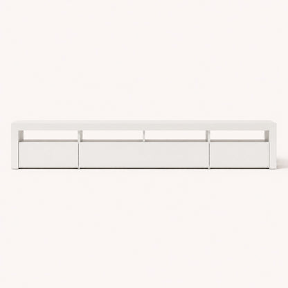 Meuble tv blanc minimaliste grand format avec rangements intégrés et design épuré