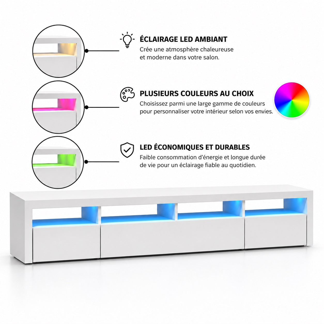 Meuble tv blanc LED moderne avec éclairage multicolore et design contemporain
