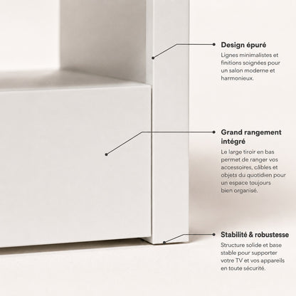 Meuble TV moderne blanc avec rangement intégré et design minimaliste pour salon contemporain élégant