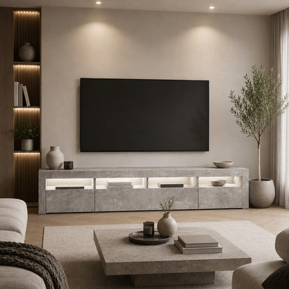 Meuble tv blanc effet marbre dans salon moderne avec décoration minimaliste haut de gamme