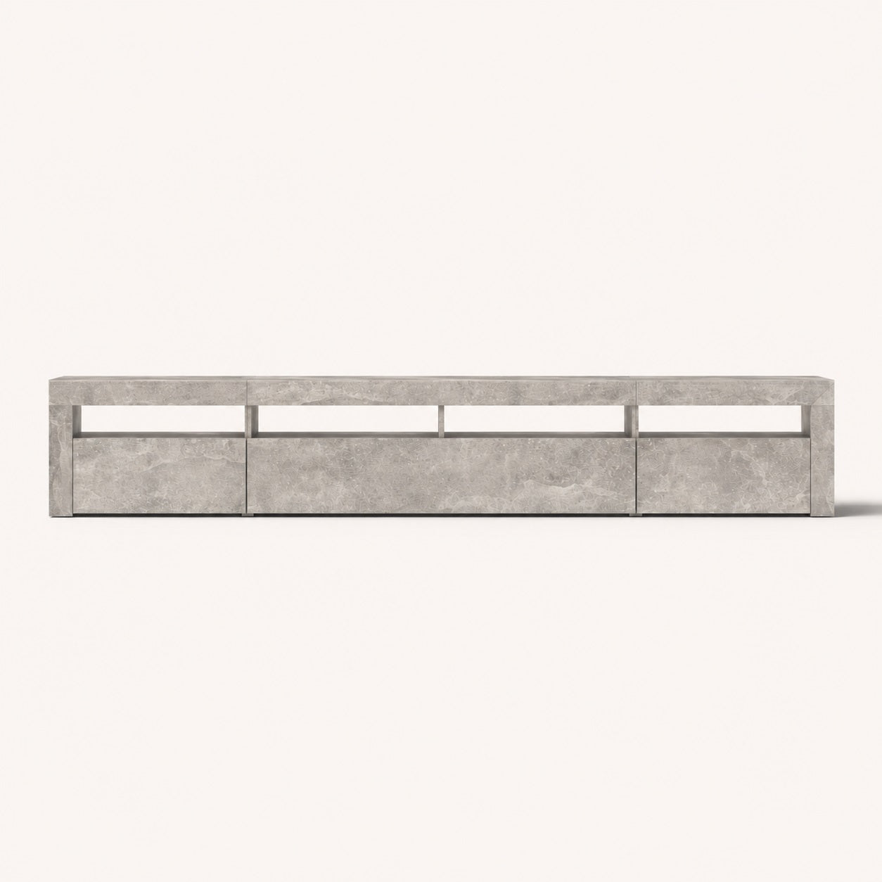 Meuble tv blanc effet pierre grand format avec rangements et design contemporain épuré