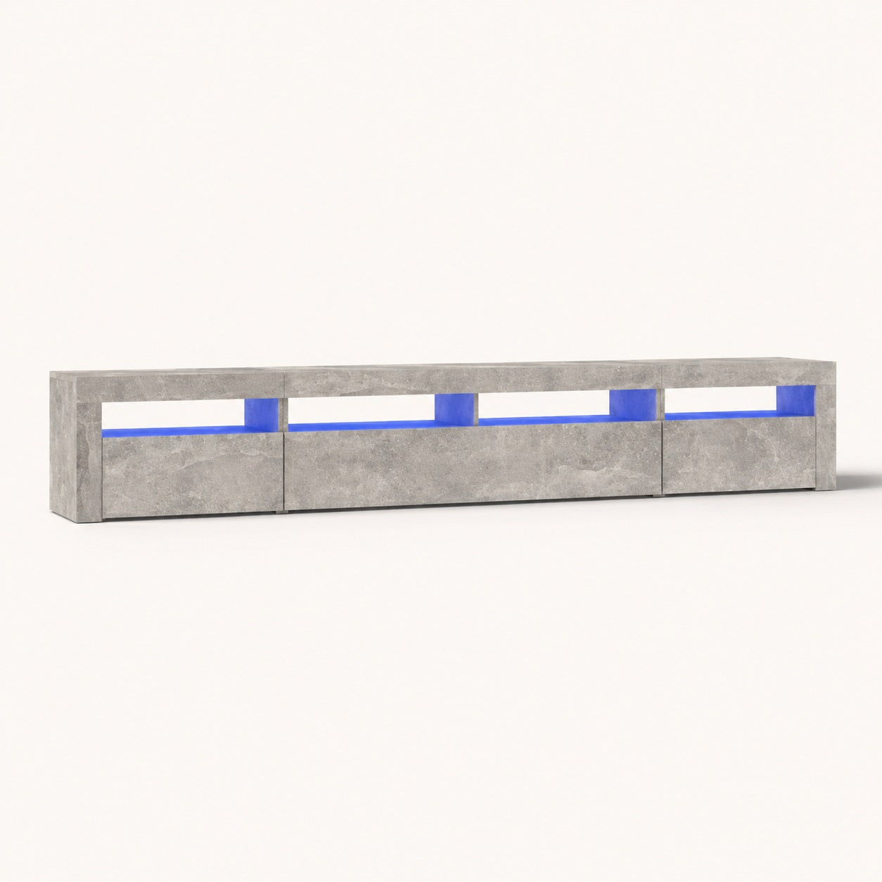 Meuble tv blanc effet pierre avec LED bleue et design moderne pour salon contemporain