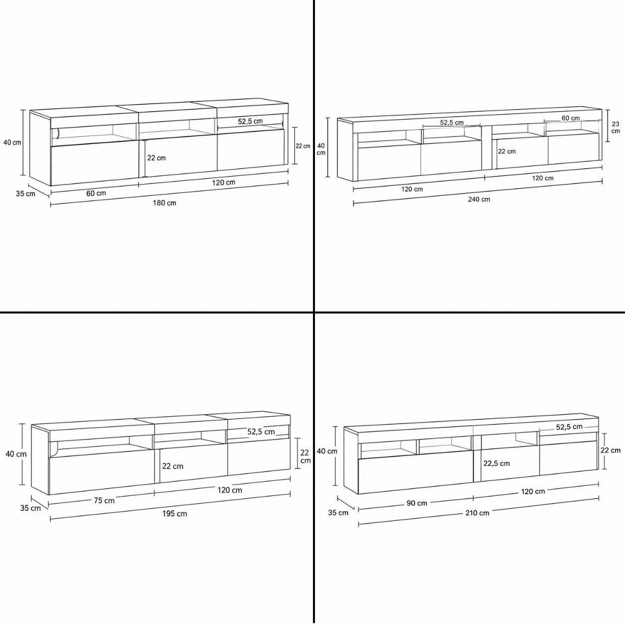 Dimensions meuble tv blanc moderne disponible en plusieurs tailles pour grand salon design