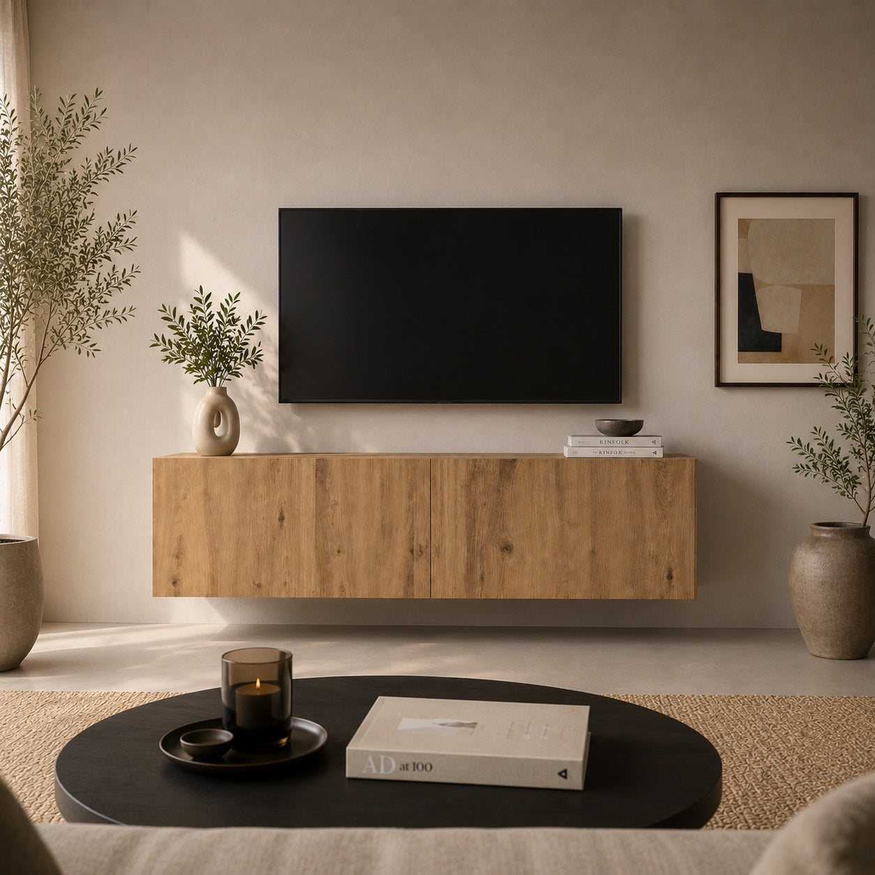 Meuble TV en bois mural design avec rangement fermé pour un intérieur élégant et organisé