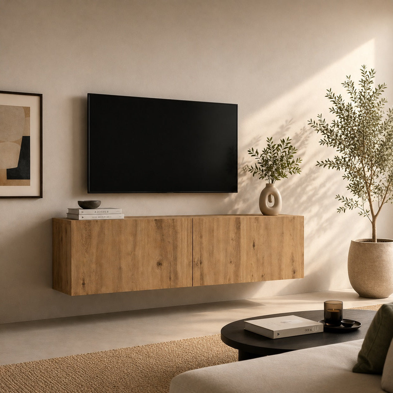 Meuble TV mural en bois suspendu dans un salon moderne au style chaleureux et minimaliste