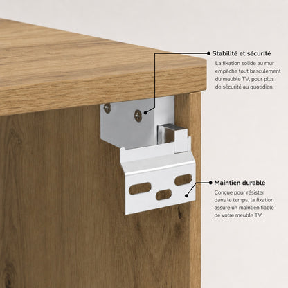 Fixation robuste pour meuble TV mural en bois assurant stabilité, sécurité et maintien durable