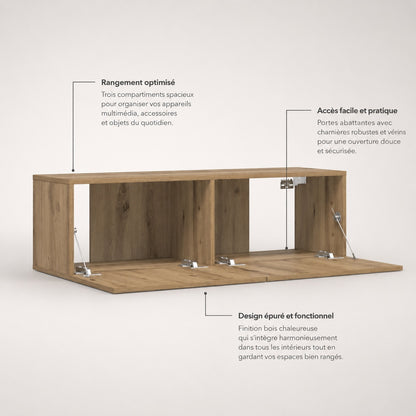Intérieur du meuble TV mural en bois avec trois compartiments de rangement pratiques et spacieux