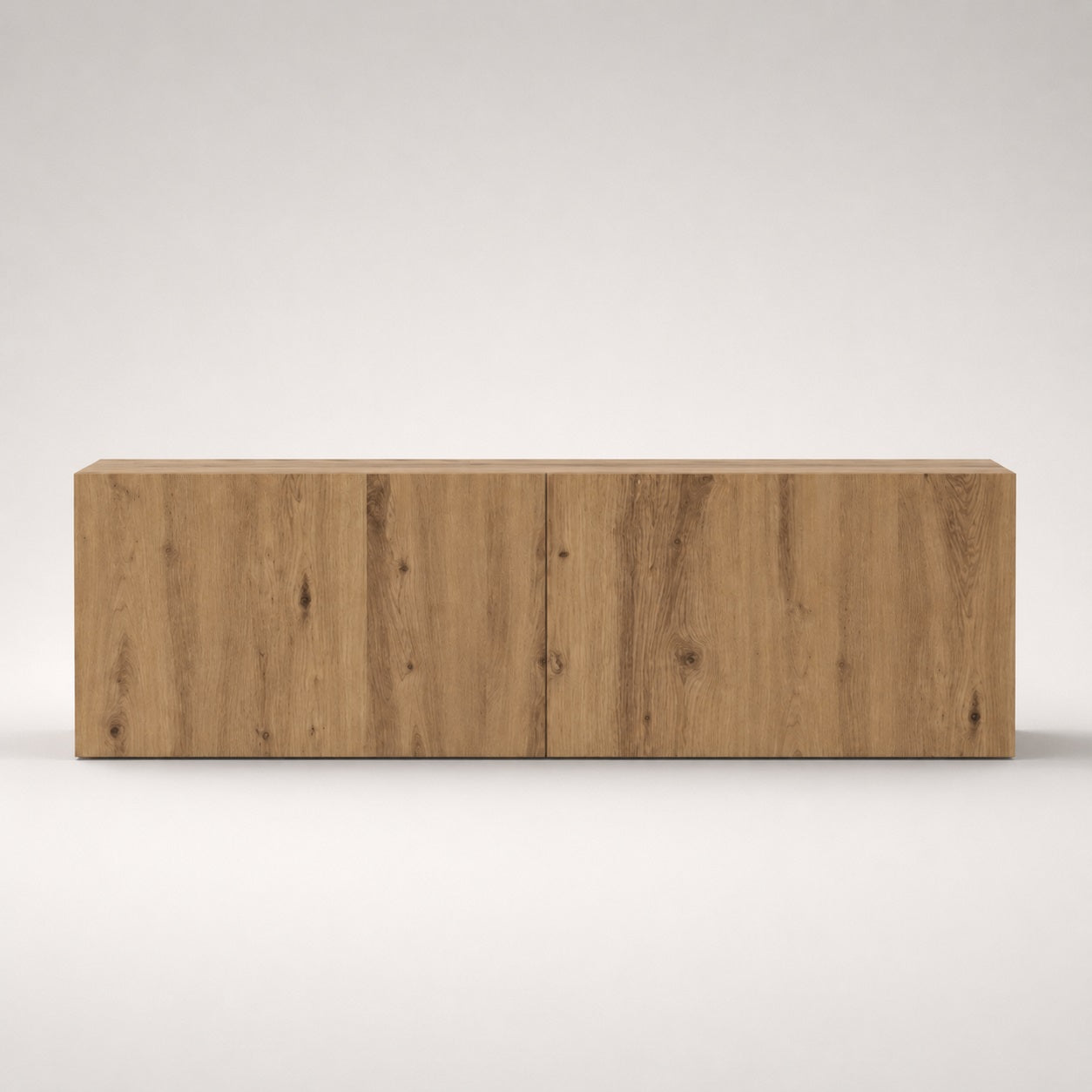 Vue de face du meuble TV en bois mural design avec finition chêne et lignes modernes épurées