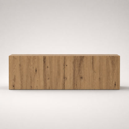Vue de face du meuble TV en bois mural design avec finition chêne et lignes modernes épurées
