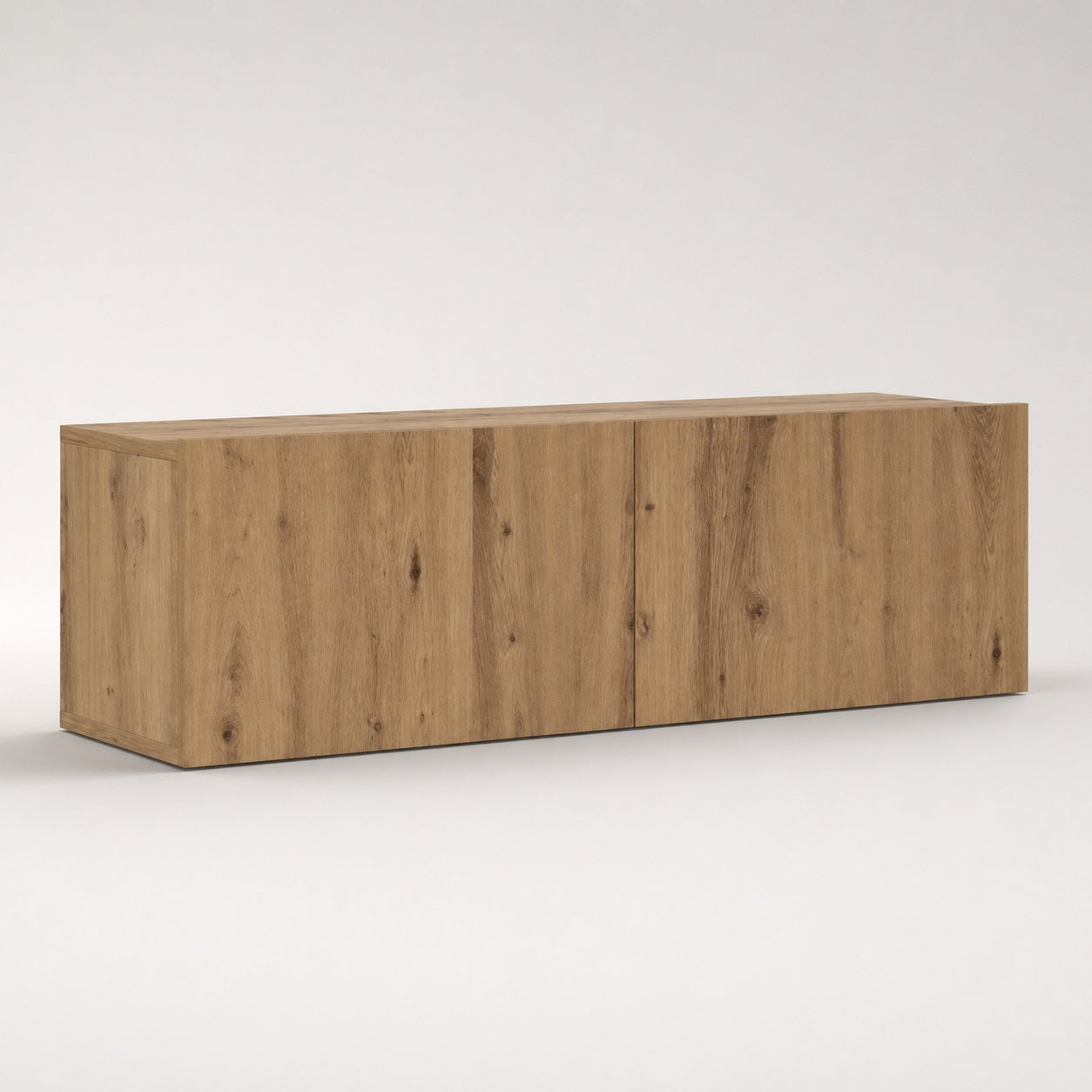 Meuble TV en bois mural finition chêne avec portes sans poignées au design épuré et contemporain