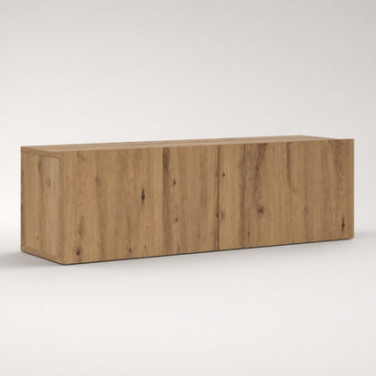Meuble TV en bois mural finition chêne avec portes sans poignées au design épuré et contemporain