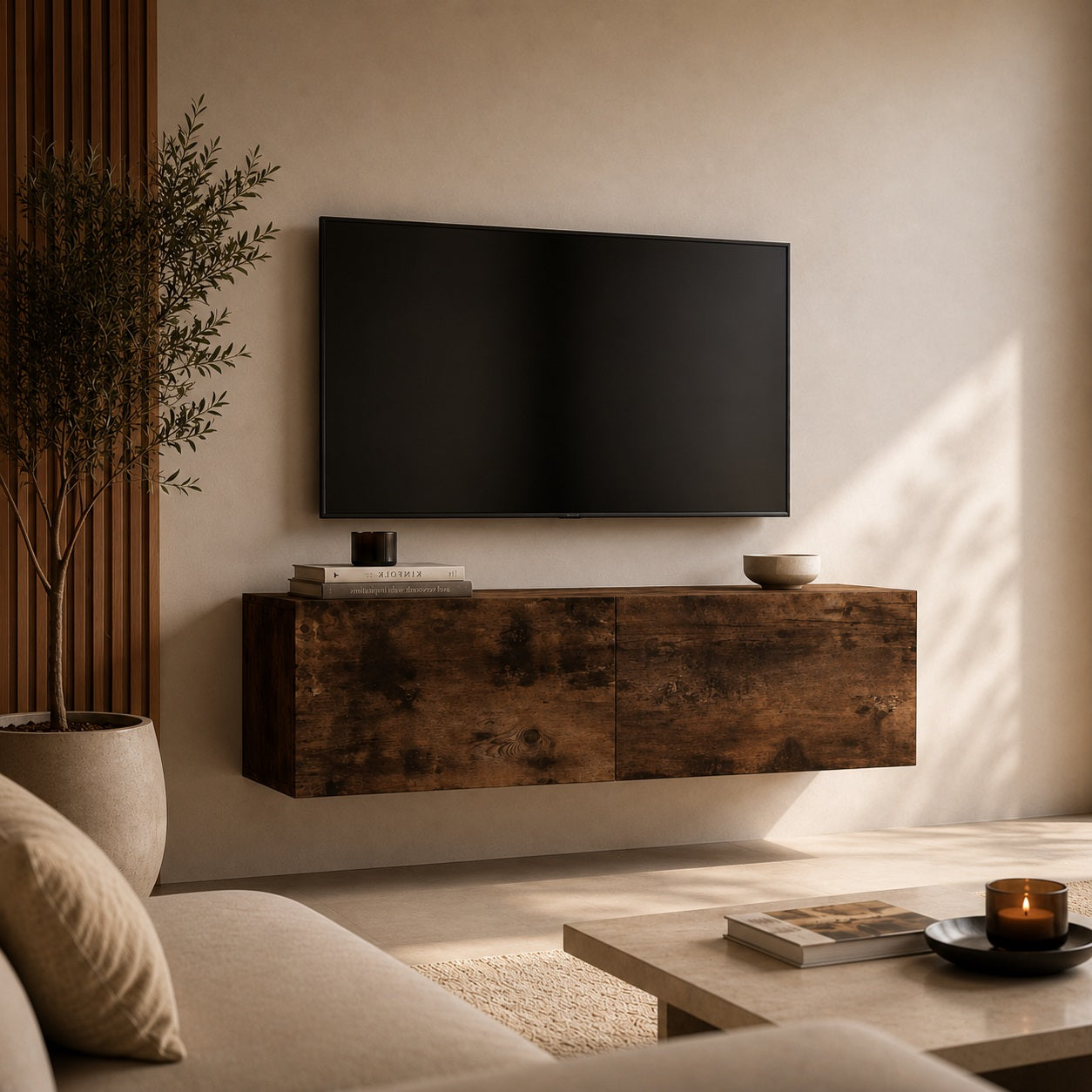 Meuble TV mural en bois chêne fumé dans un salon moderne au style chaleureux et raffiné