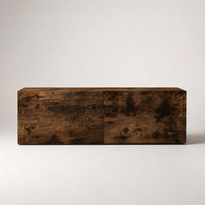 Vue de face d’un meuble TV en bois mural finition chêne fumé au design minimaliste