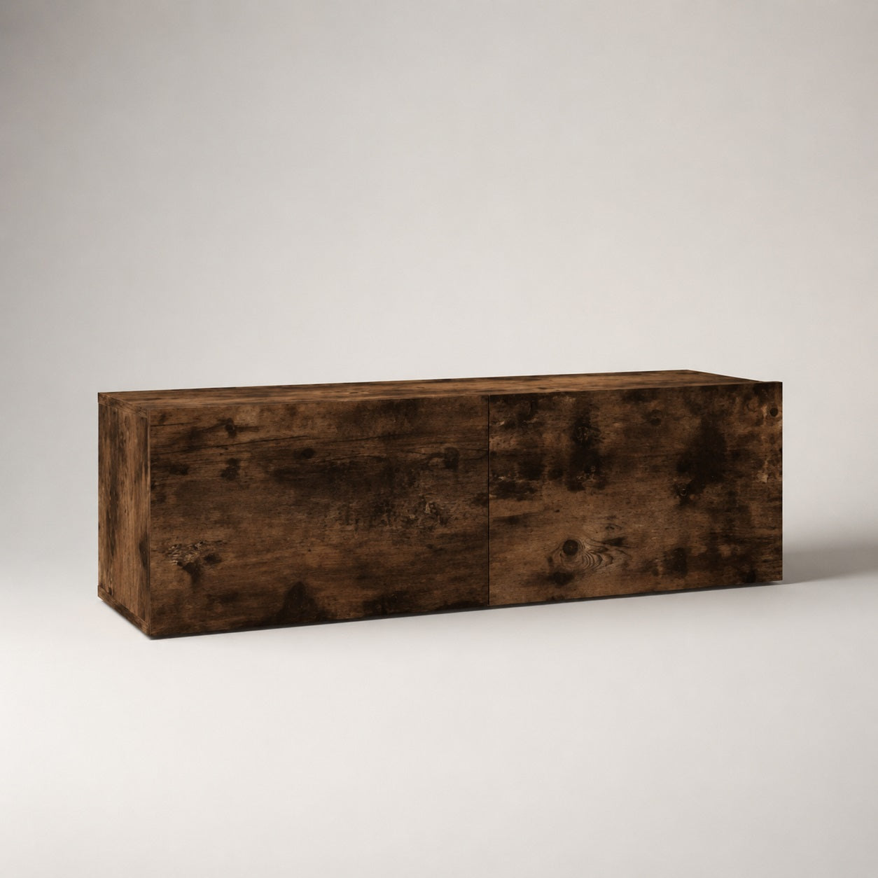 Meuble TV en bois mural chêne fumé avec rangement fermé et design contemporain aux lignes épurées