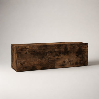 Meuble TV en bois mural chêne fumé avec rangement fermé et design contemporain aux lignes épurées