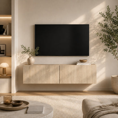 Meuble TV mural en bois chêne sonoma dans un salon lumineux au design moderne et épuré