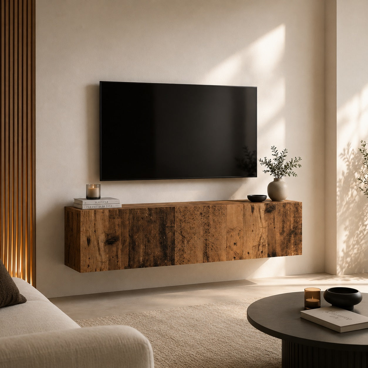 Vue de face d’un meuble TV en bois mural effet vieux bois avec finition rustique élégante