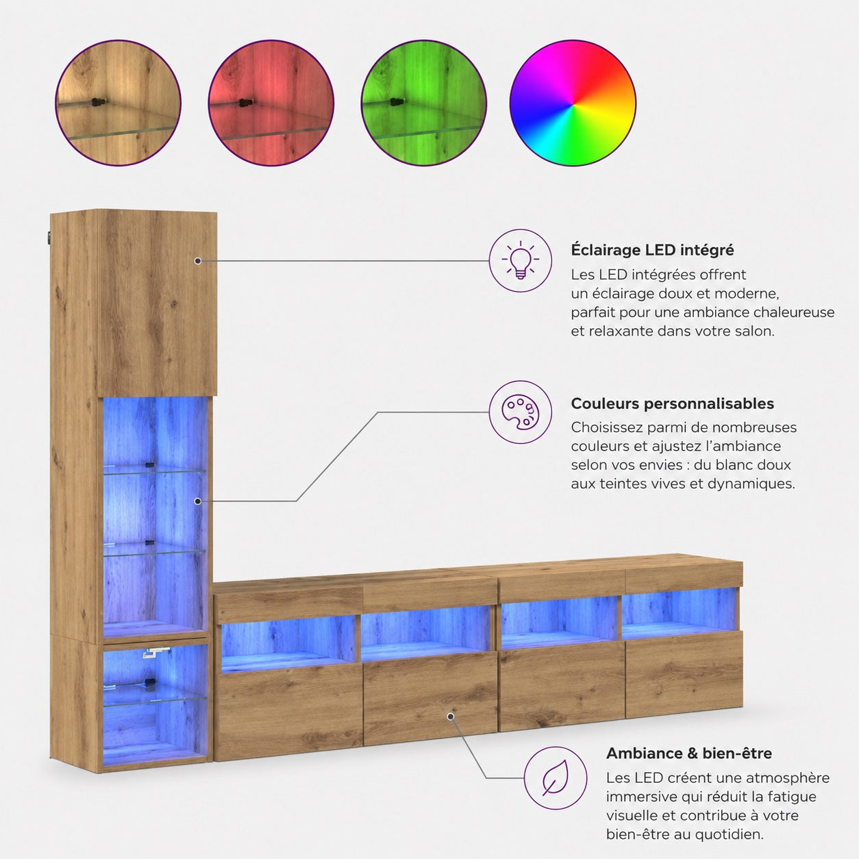 Meuble TV suspendu en bois avec éclairage LED intégré et couleurs personnalisables pour salon moderne