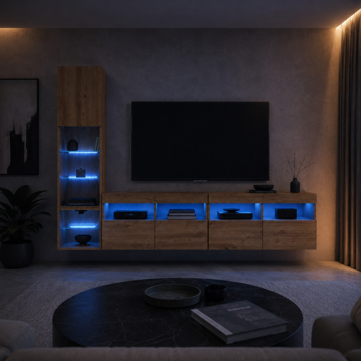 Meuble TV en bois suspendu avec LED intégrées et vitrine murale pour salon moderne