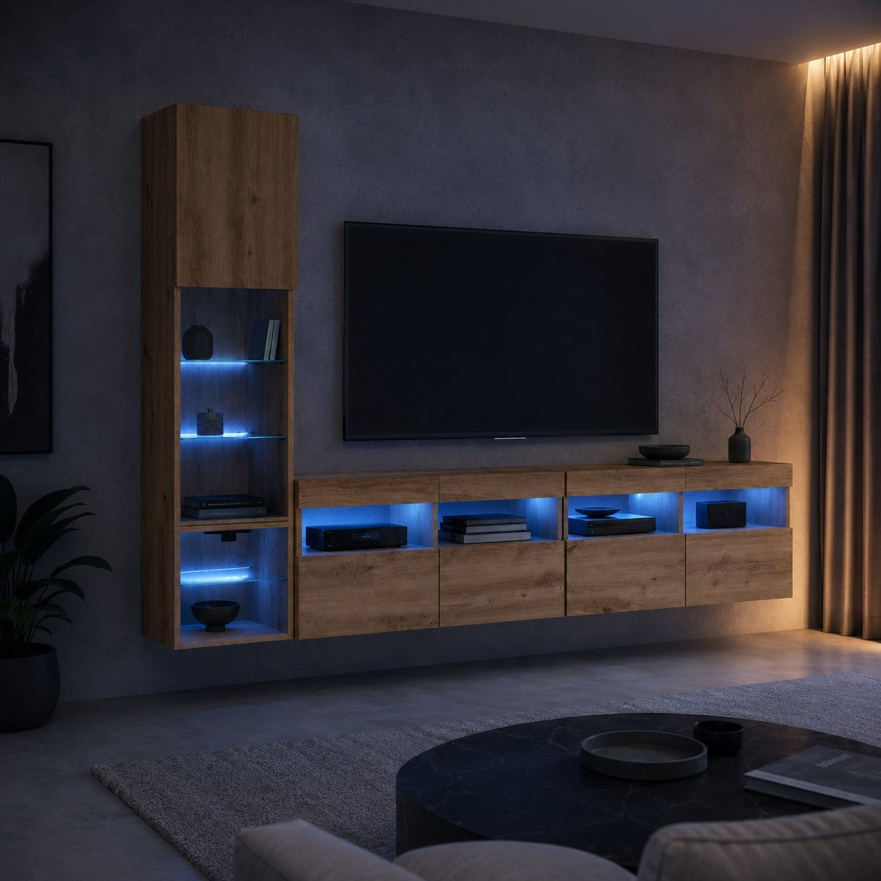 Meuble TV suspendu en bois avec éclairage LED bleu et rangements muraux design contemporain
